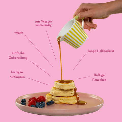 Ein Pancake-Stapel wird gerade mit Sirup übergossen, umgeben von Claims: 'Fertig in 5 Minuten', 'Einfache Zubereitung', 'Vegan', 'Nur Wasser notwendig', 'Lange Haltbarkeit', 'Fluffige Pancakes'